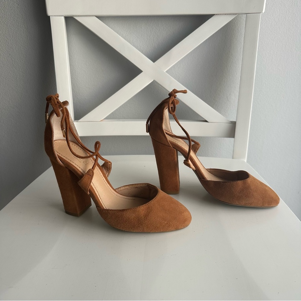 Seed Heritage Suede Leather Lace Up Block Heels in Tan